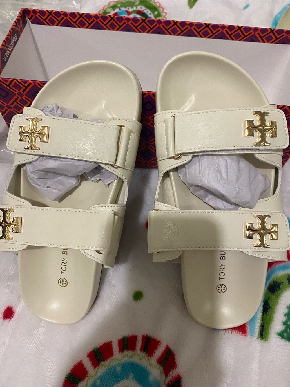 Tory Burch Ivory Double-Strap Logo Slide Sandals